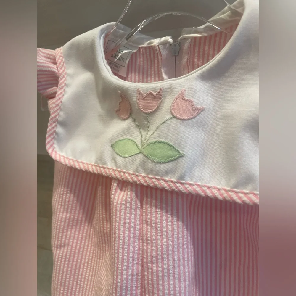 Pink Seersucker Baby Girl Bubble Romper with Tulip Embroidery